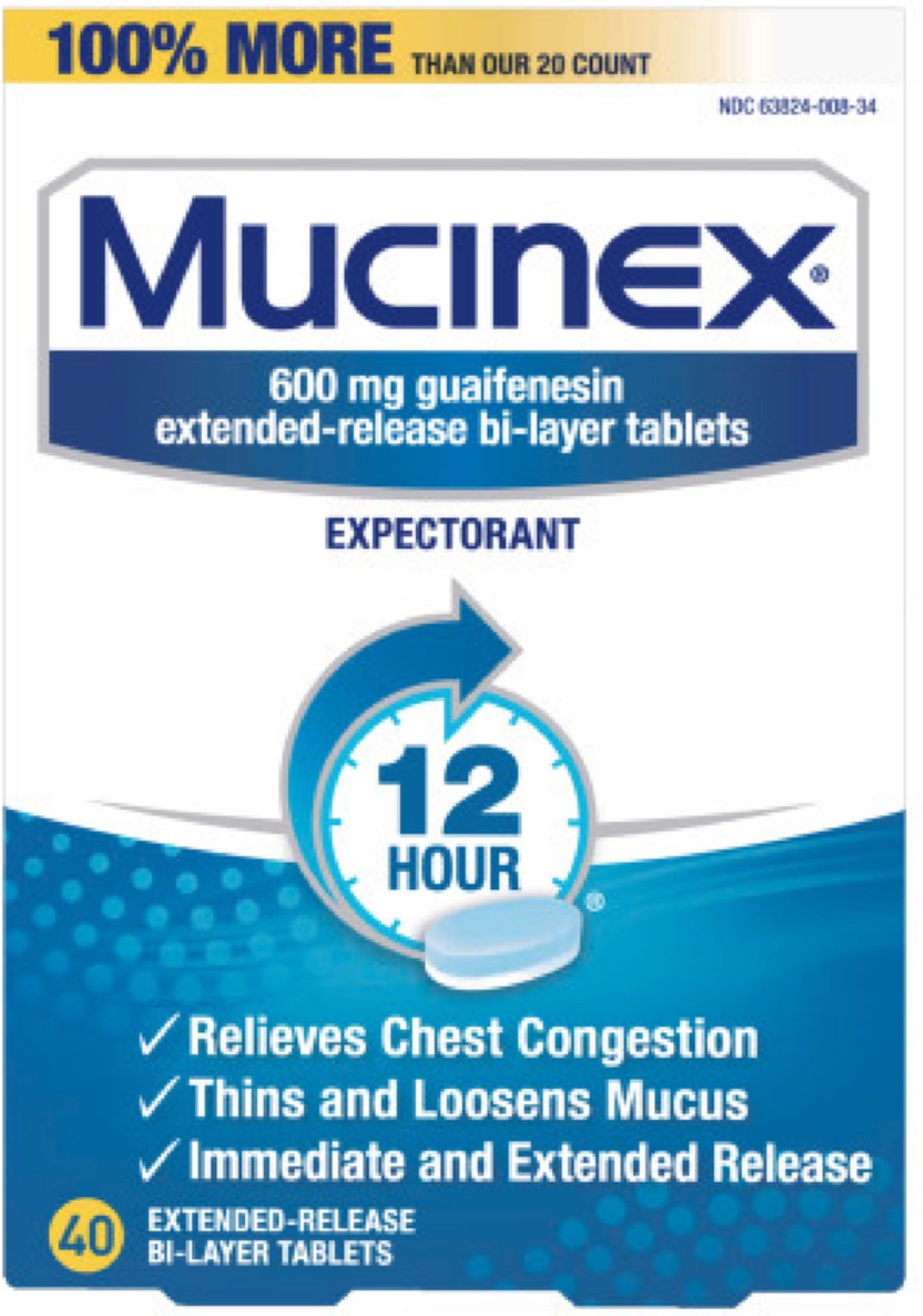 Mucinex 12 Hr Chest Congestion Expectorant, Tablets 40 ea (Pack of 2)