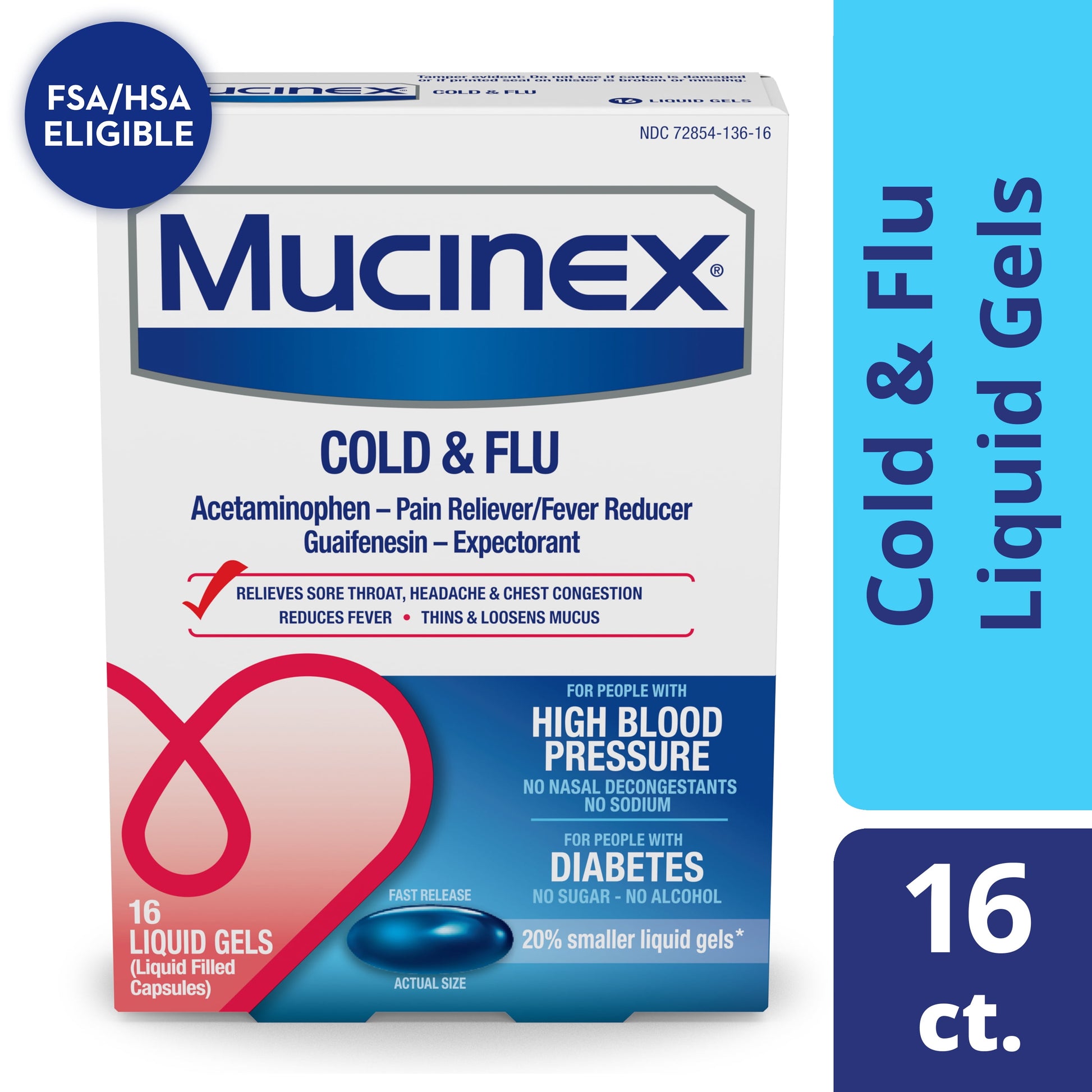 Mucinex Cold & Flu Fast Release Liquid Gels for people with High Blood Pressure & Diabetes, 16ct.