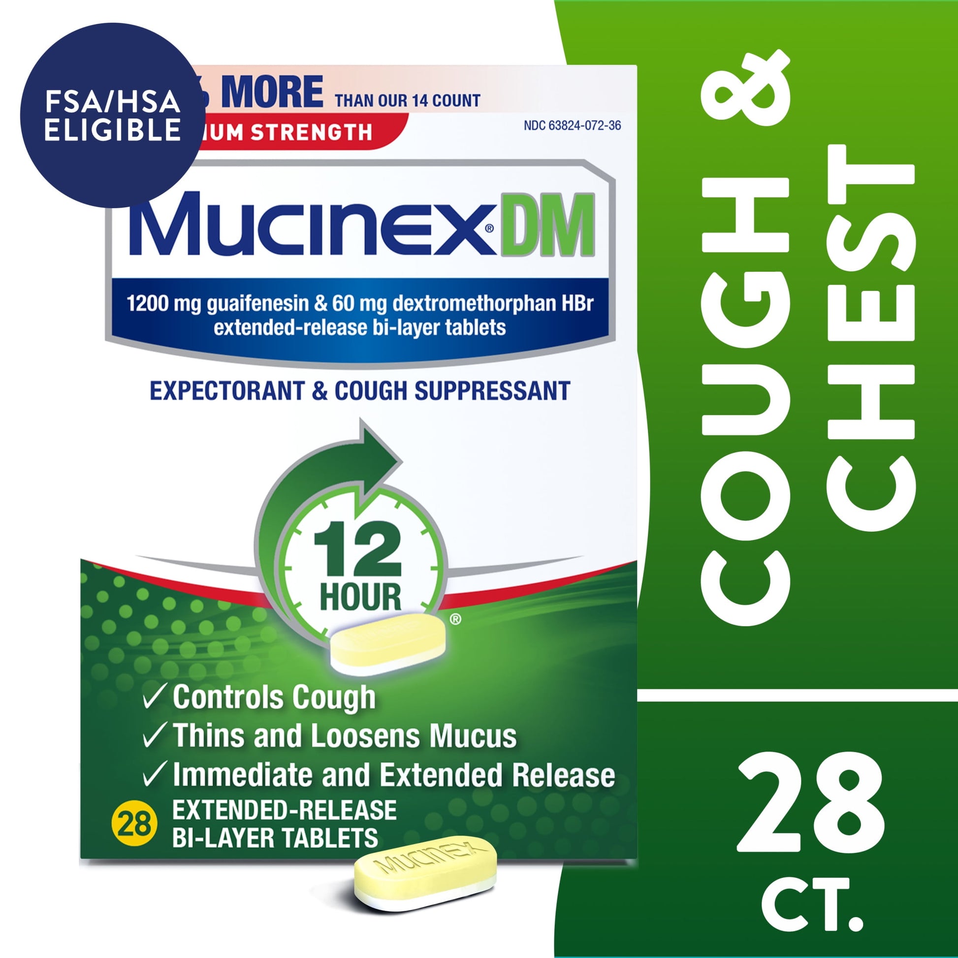 Mucinex DM 12 Hour Max Strength Expectorant & Cough Medicine, Excess Mucus Relief, FSA, 28 Tablets