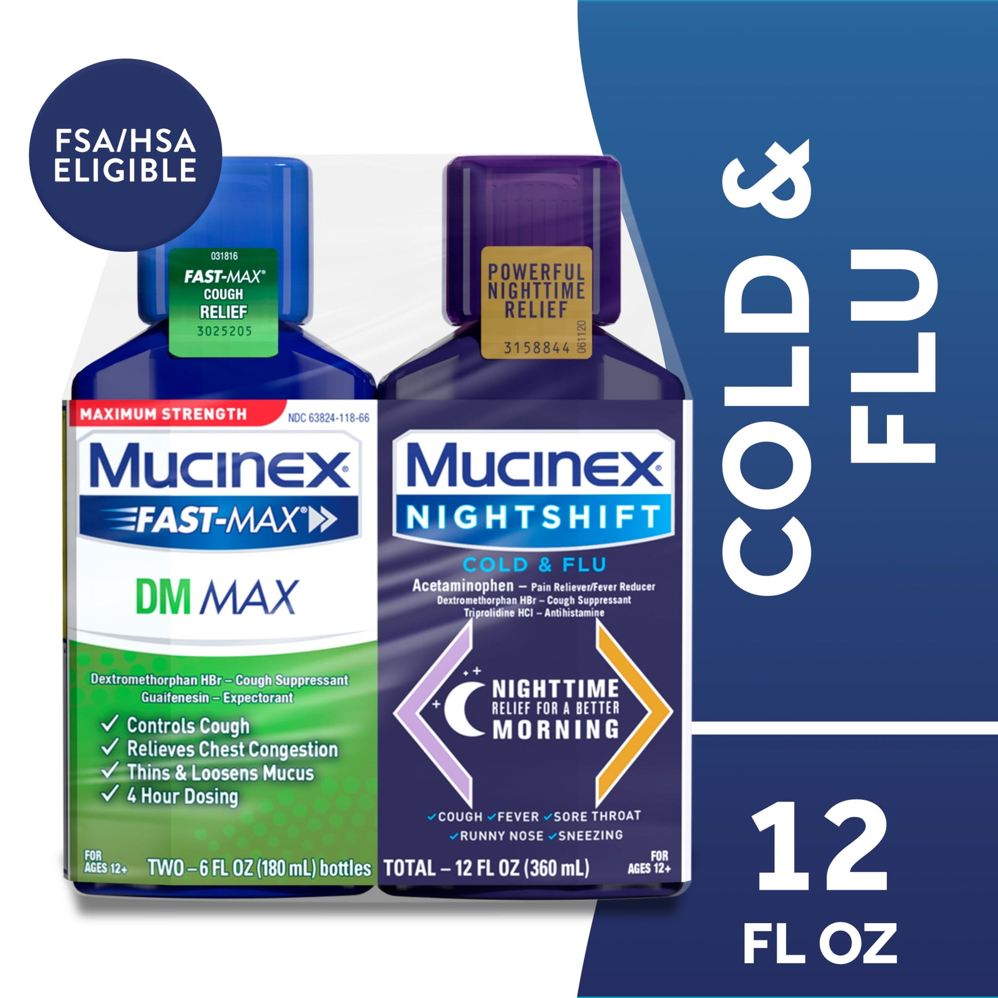 Mucinex Fast-Max DM Max & Nightshift Cold and Flu Medicine, OTC Day/Night Cough Medicine, 2x6 fl oz