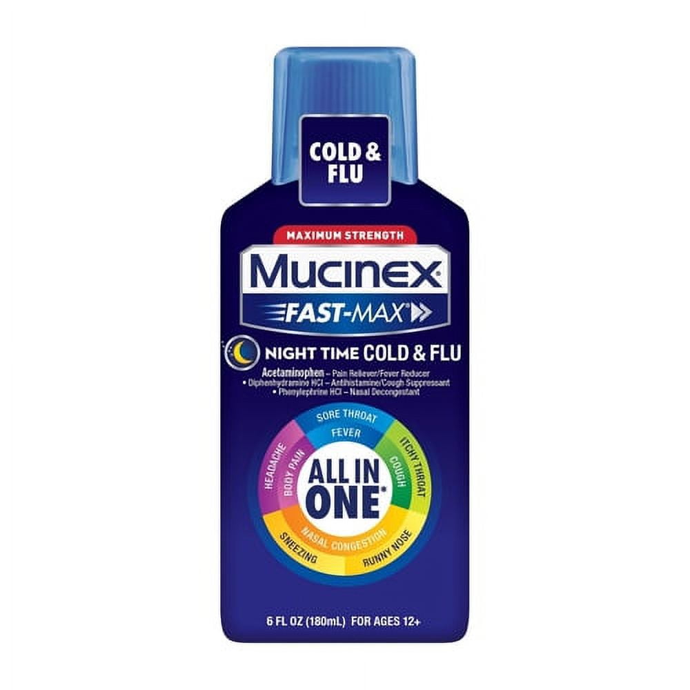 Mucinex Fast Max Maximum Strength Night Time Cold and Flu Liquid 6 Oz