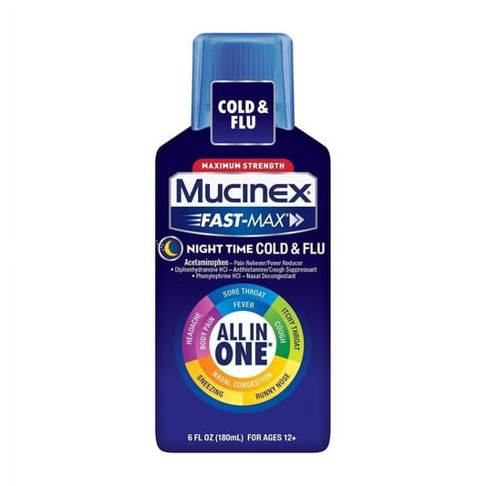 Mucinex Fast Max Maximum Strength Night Time Cold and Flu Liquid 6 Oz