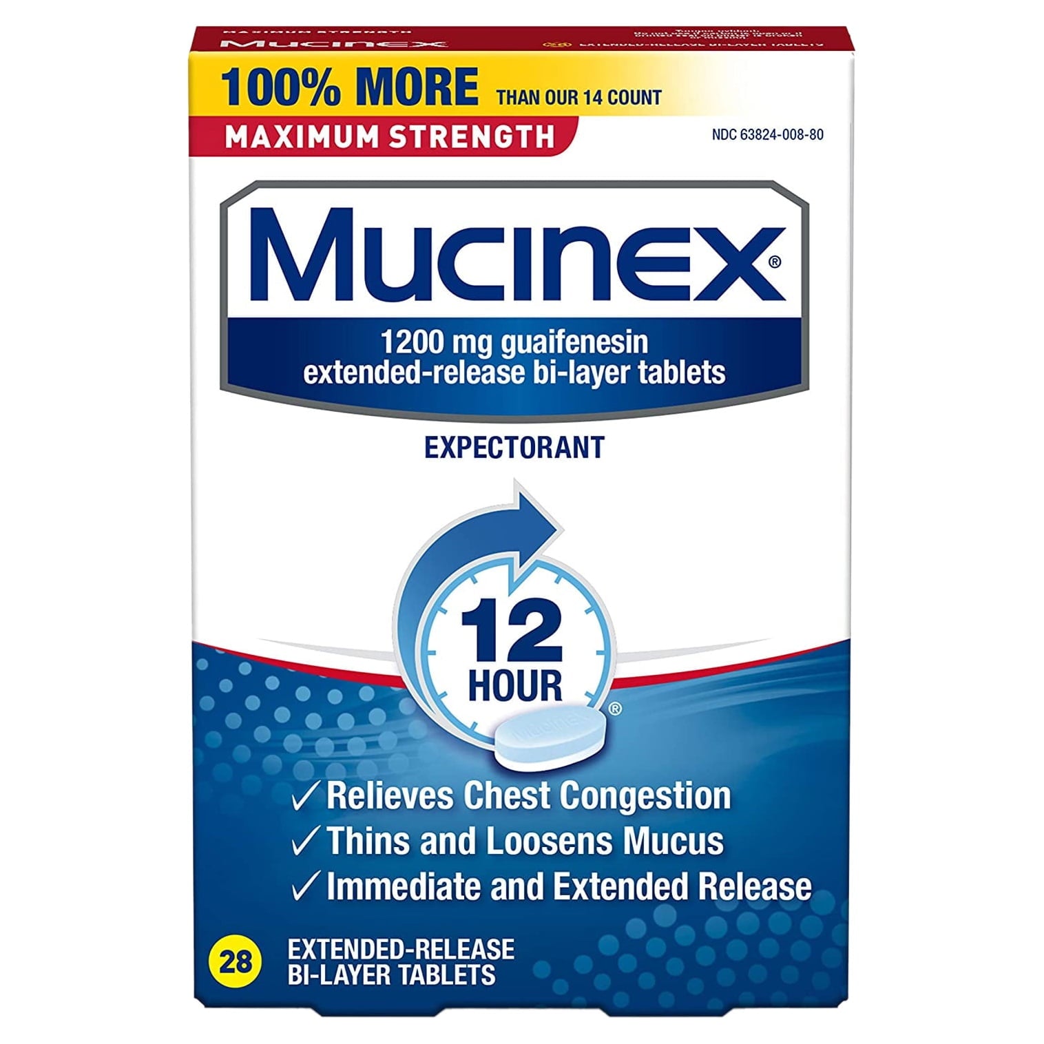 Mucinex Maximum Strength 12 hour Chest Congestion Medicine, Chest Congestion Relief, Expectorant, Lasts 12 hours, Powerful Symptom Relief, Extended-Release Bi-layer Tablets, 28 count (Pack of 3)