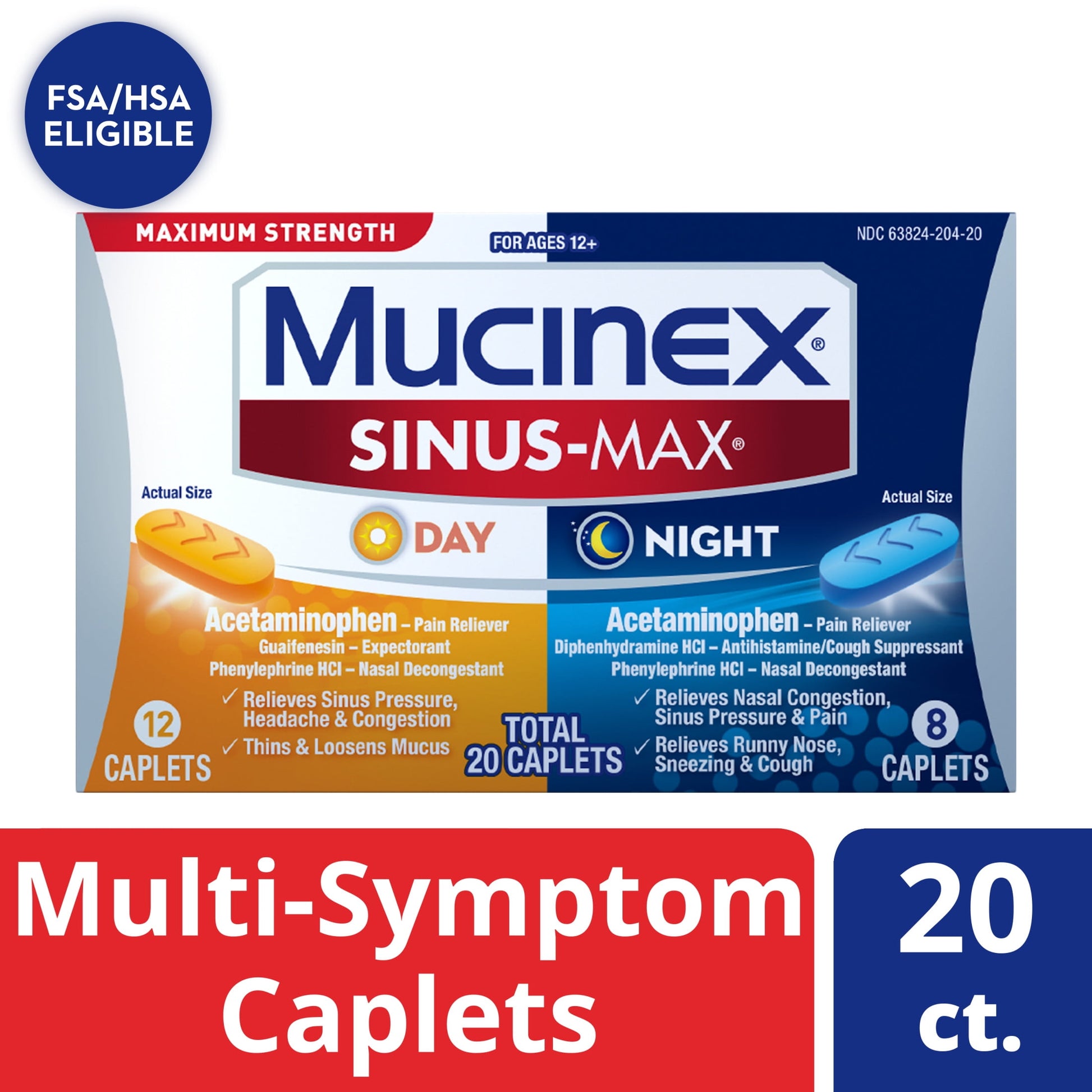 Mucinex Sinus-Max Maximum Strength Day and Night, Sinus Symptom Relief, Pain Reliever, Expectorant, Nasal Decongestant, Antihistamine and Cough Suppressant, 20 Caplets (12 Day + 8 Night)