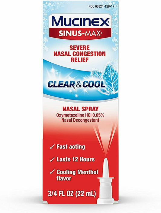 Mucinex Sinus-Max Severe Nasal Congestion Relief Clear & Cool Nasal Spray, Sinus Symptom Relief, Nasal Congestion, Sinus Congestion & Sinus Pressure, 0.75 Oz, 4-Pack