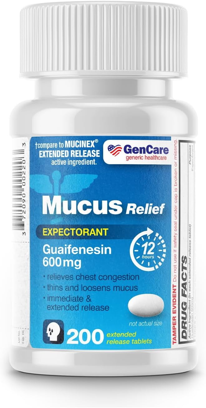 GenCare Mucus Relief 600 mg Guaifenesin Expectorant Cough Medicine for Adults, 200 Tablets