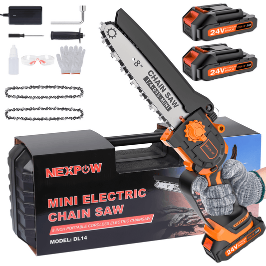 NEXPOW 8" Mini Chainsaw - 24V Battery Powered Chainsaw, 2 Batteries & Chains, Cordless Handheld Chain Saw Wood Cutter, Orange