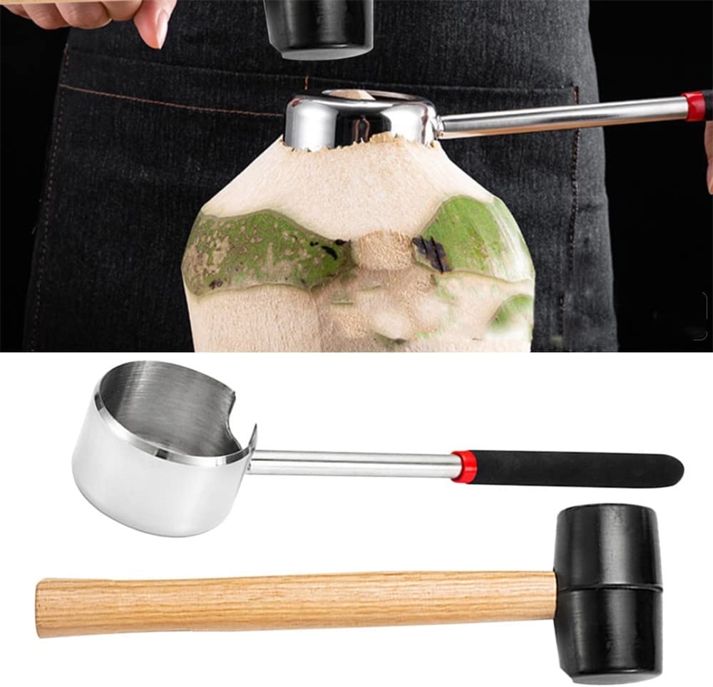 NOGIS Coconut Opener Tools with Hammer, Super Safe & Easy to Open Young Coconuts Tool, Food Grade Stainless Steel Coconut Opener Set, Rubber Mallet with Handle