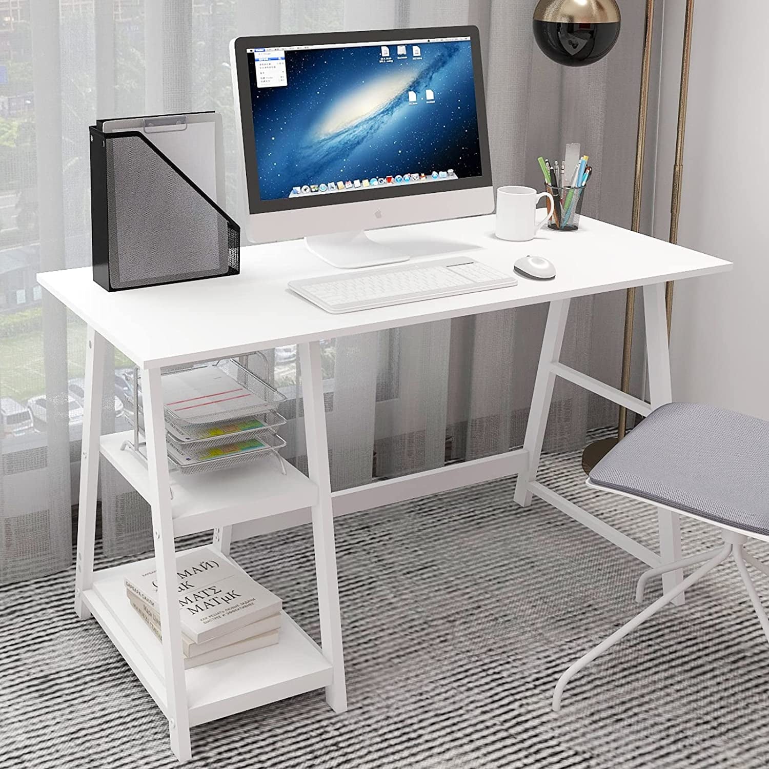 Natwind 43" White Desk Home Office Computer Working Student Study Table with 2-Tier Storage Bookshelves Modern Simple Study Laptop Writing Elegant Style Desk Workstation for Office Home White