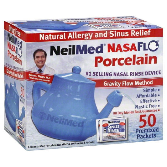 NeilMed NasaFlo Porcelain Neti Pot with 50 Premixed Packets