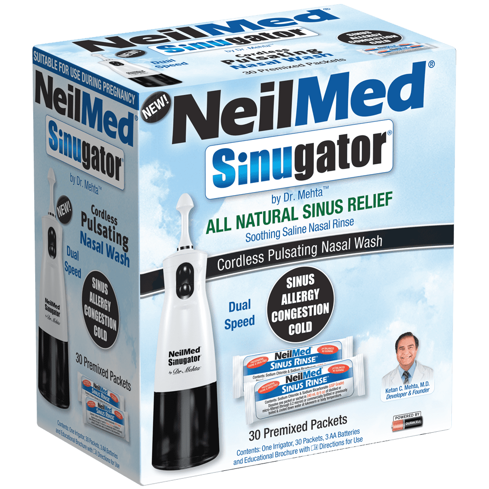 NeilMed Sinugator Cordless Pulsating Nasal Irrigator (Dual Speed) with 30 Premixed Packets and 3 AA Batteries - Black