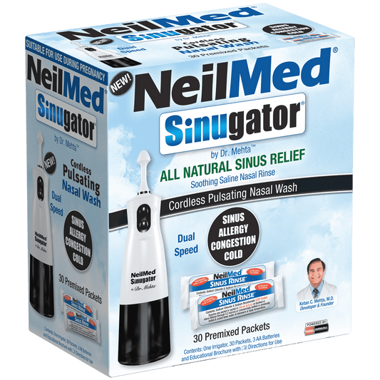 NeilMed Sinugator Cordless Pulsating Nasal Irrigator (Dual Speed) with 30 Premixed Packets and 3 AA Batteries - Black