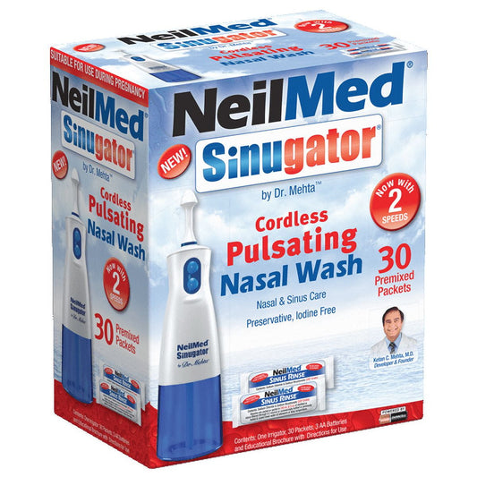 NeilMed Sinugator Cordless Pulsating Nasal Irrigator (Dual Speed) with 30 Premixed Packets and 3 AA Batteries - Blue