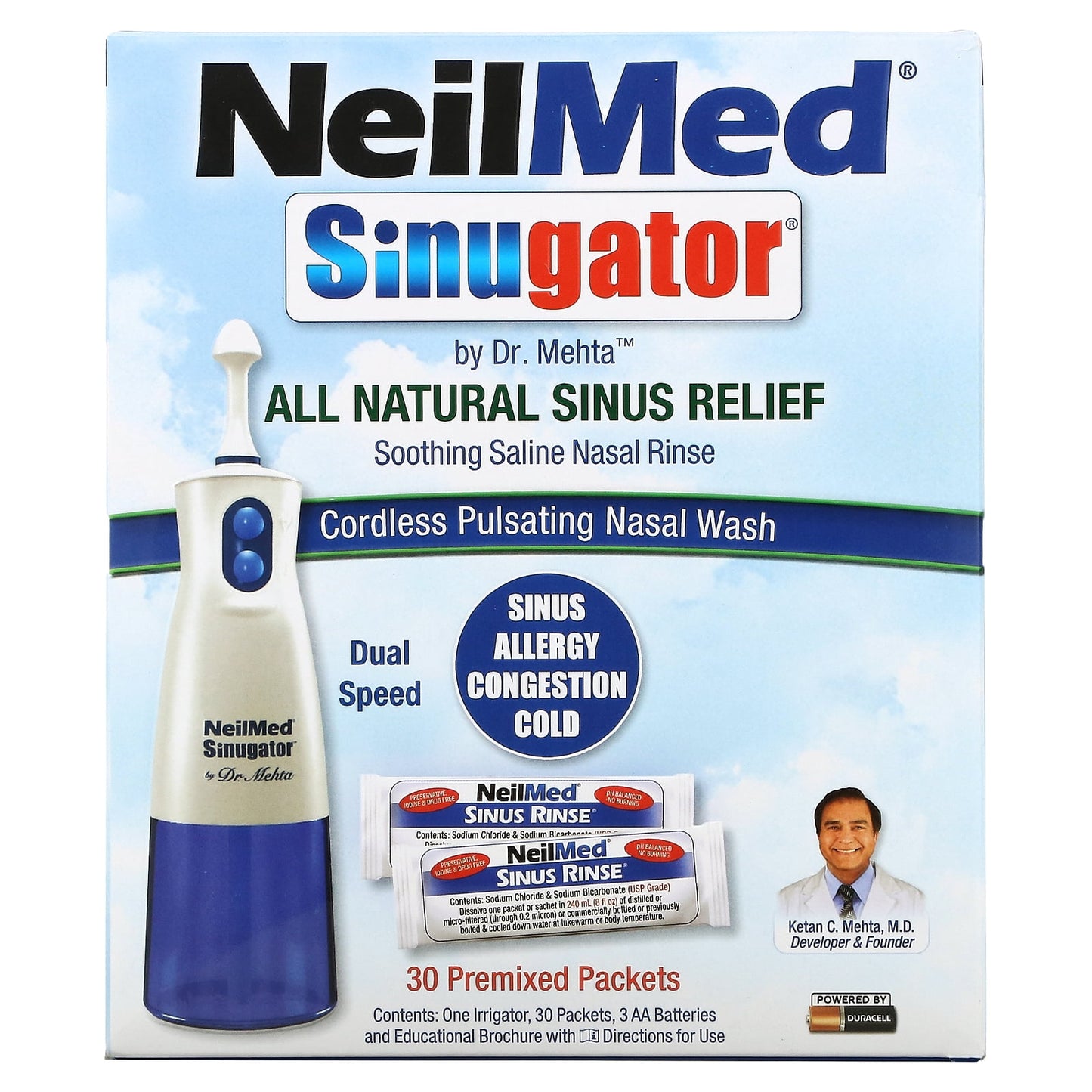 NeilMed, Sinugator, Cordless Pulsating Nasal Wash, 3 Piece Set