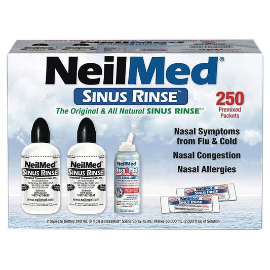 NeilMed Sinus Rinse - 2 squeeze Bottles 240mL (8fl oz) & Nasamist Saline Spray 75mL - 250 Premixed Packets - BONUS Nasa Mist Saline Spray - Value Pack