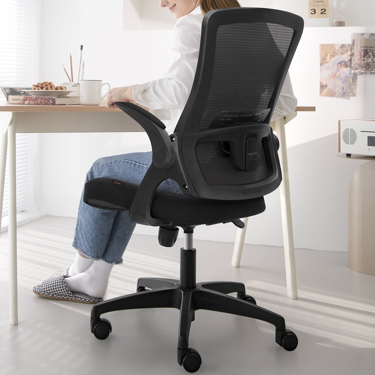 Neo Chair Ergonomic High Back Office Chair with Flip-up Arms Adjustable Lumbar Support, Black