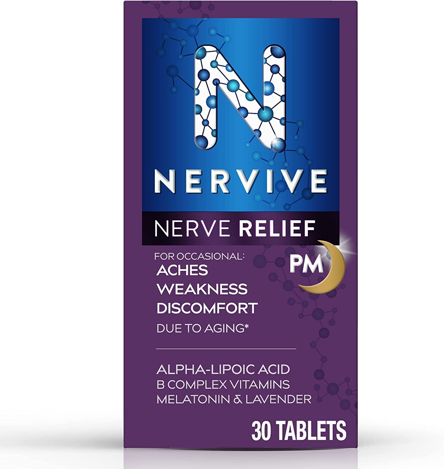 Nervive Nerve Relief PM, with Alpha Lipoic Acid, to help Reduce Nerve Aches, Weakness, & Discomfort in Fingers, Hands, Toes & Feet*†, Vitamins B1&B6, Melatonin, Chamomile, Lavender, 30 Nightly Tablets