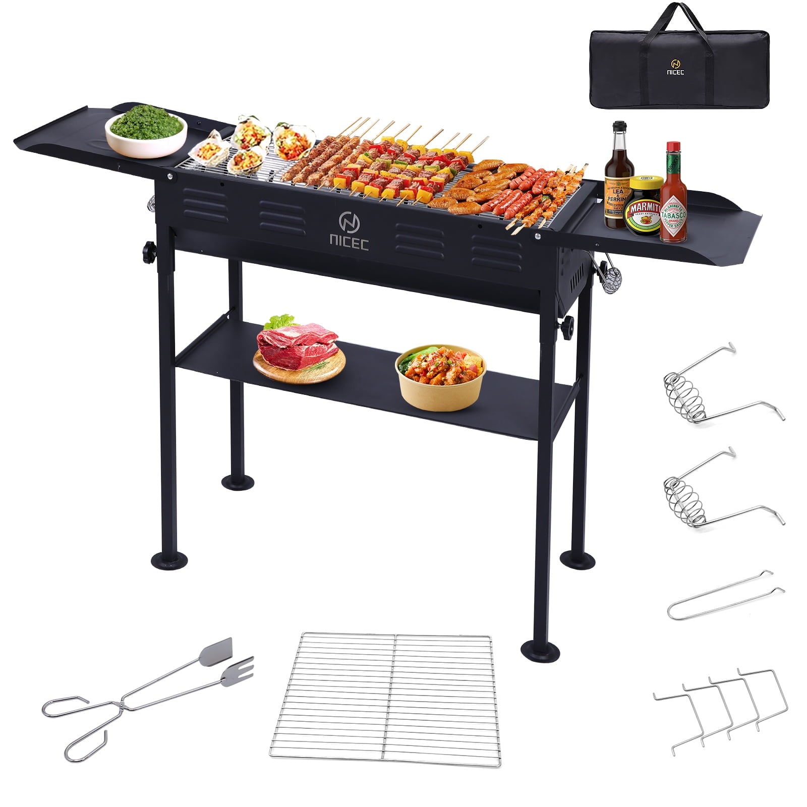 Portable Charcoal Grill, Folding Camping Grills, BBQ Grill for Hibachi Skewers with Side Table