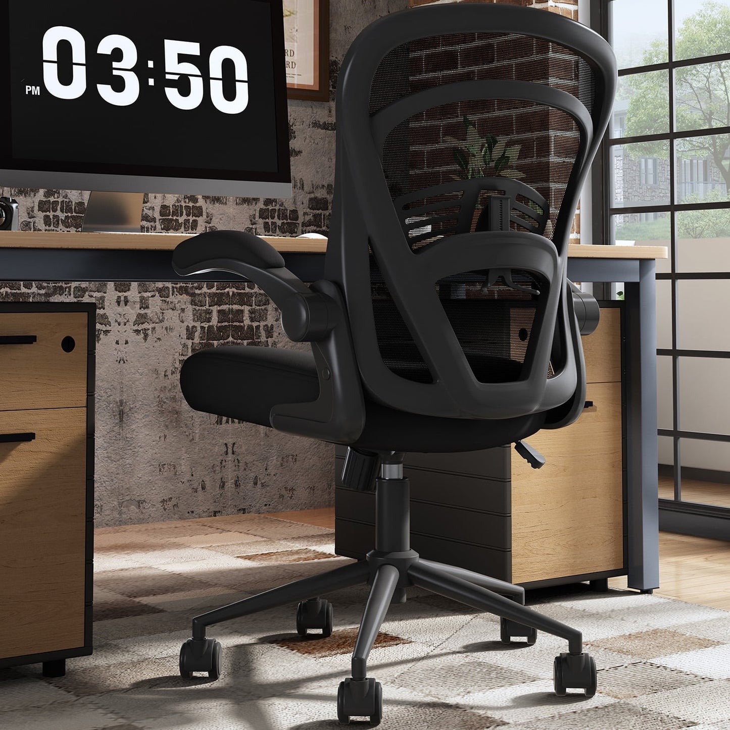 Ninecer Computer Desk Chair with Wheels, Mesh Office Chair with Flip Up Arms and Wide Seat, Swivel Desk Chair, Black