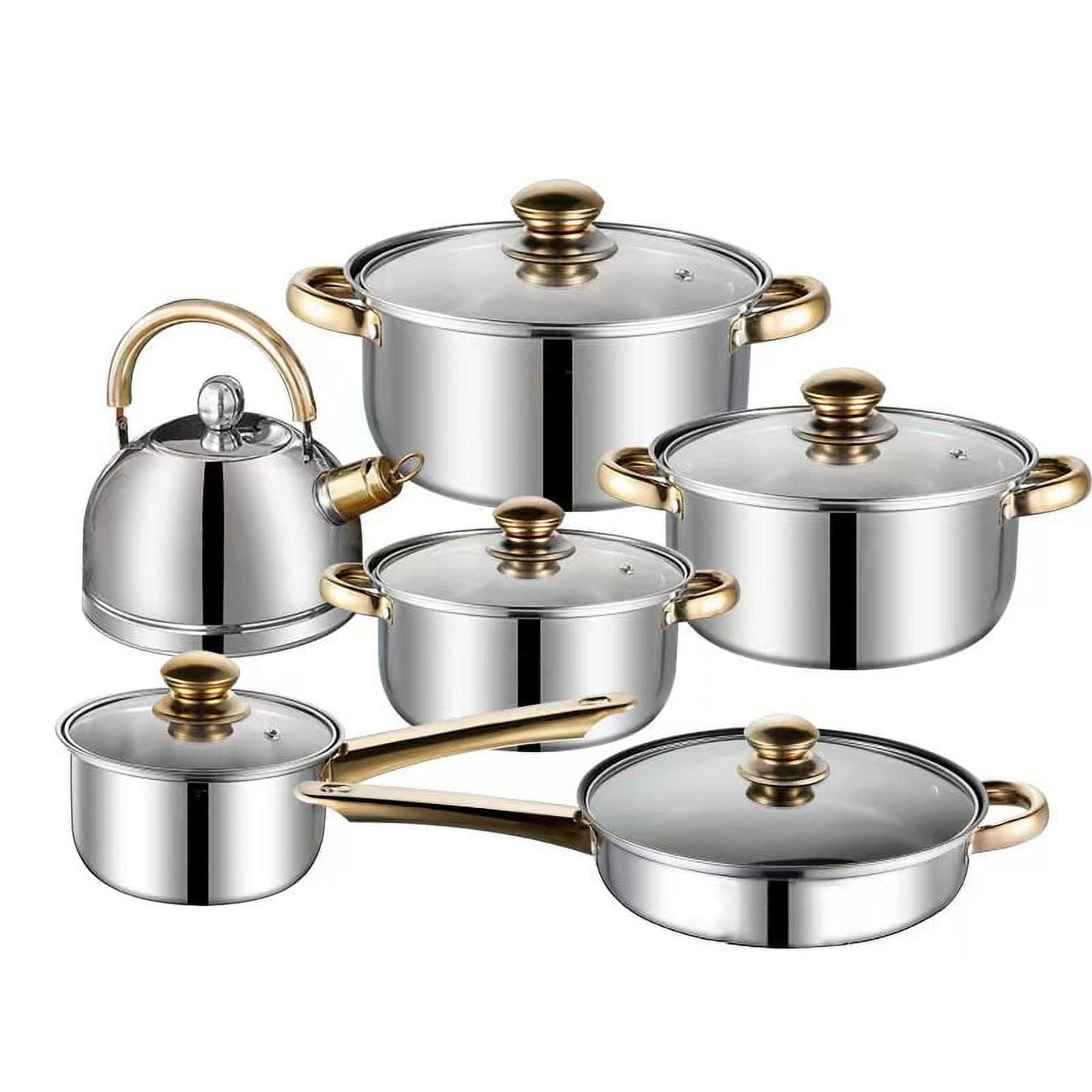 Nonstick Pots And Pans Set, 12 Piece Stainless Steel Non-stick Kitchen Cookware Set Golden Handle Easy Clean