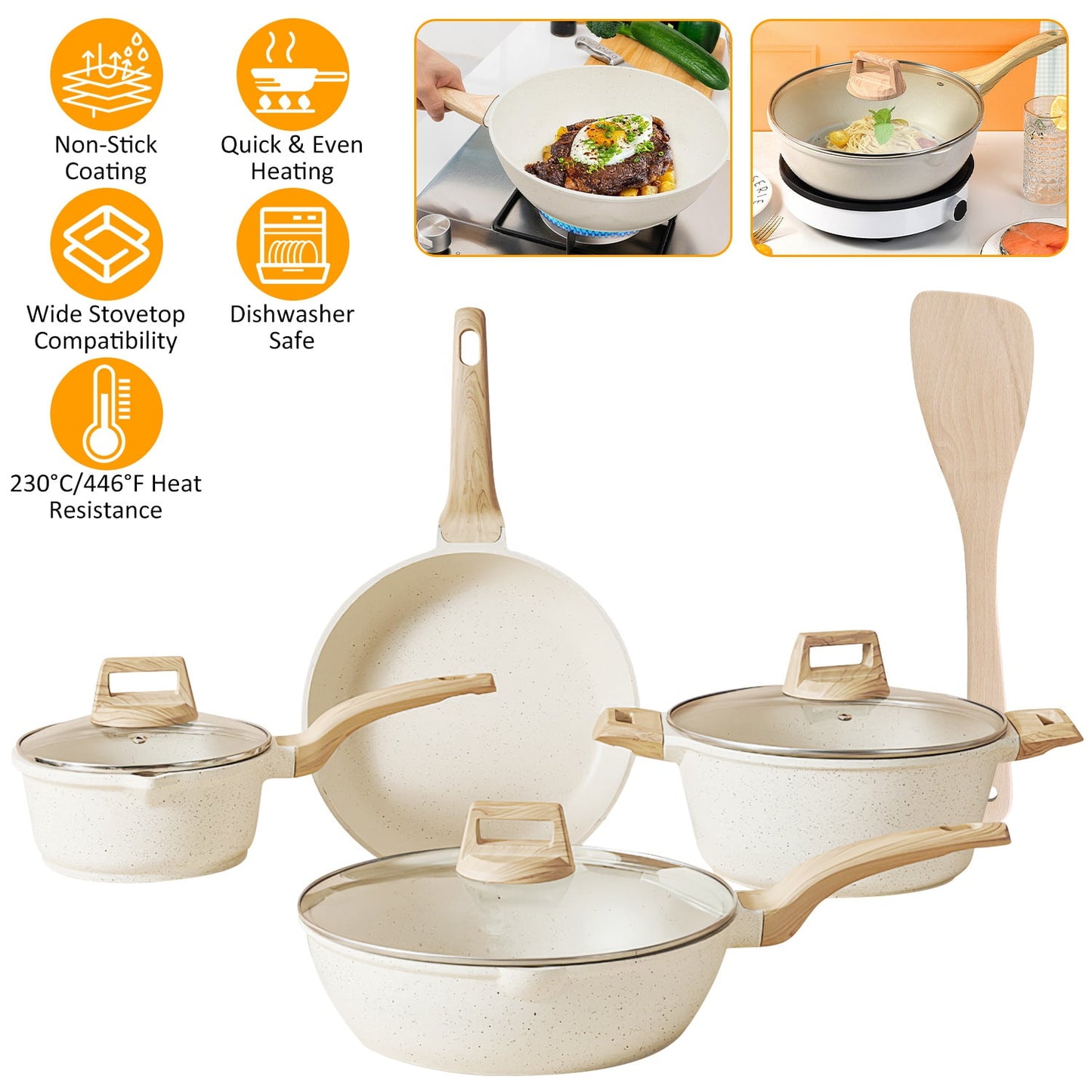 5Pcs Kitchen Nonstick Pots and Pans Set, Induction Cookware Sets Granite Fast Heat