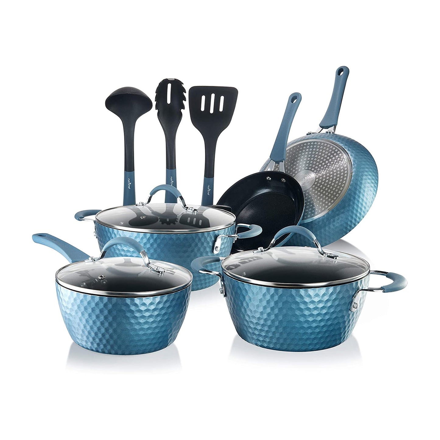 NutriChef 11 Piece Nonstick Diamond Pattern Kitchen Cookware Set, Royal Blue