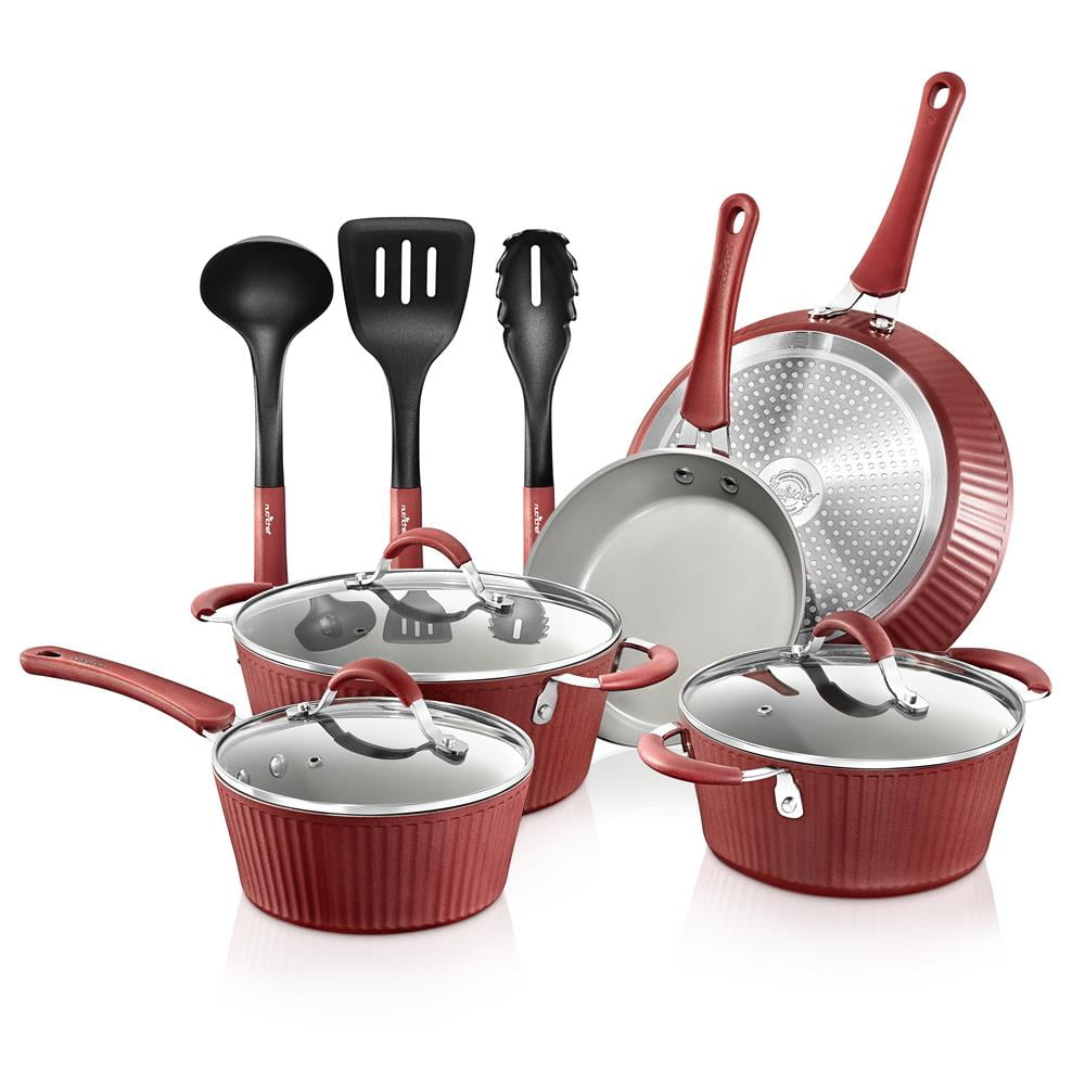 NutriChef NCCW11RDL - Kitchenware Pots & Pans - Stylish Kitchen Cookware Set with Elegant Lines Pattern, Gray Inside & Red Outside, Non-Stick, Metal + Silicone Handle (11-Piece Set)