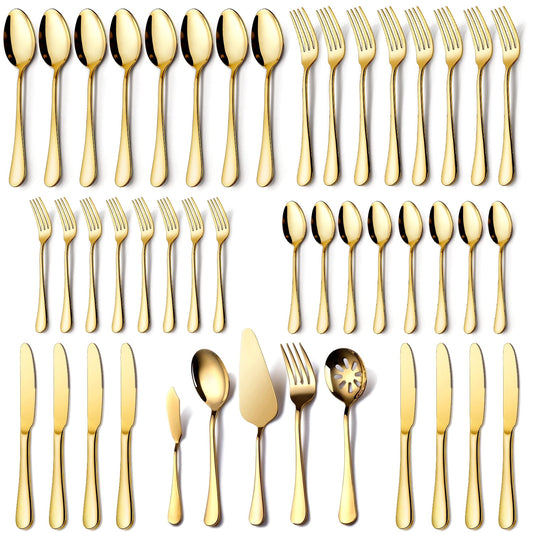 OGORI 45 Piece Gold Polished Stainless Steel Flatware Set Kitchen Party Supply Contains 5 Pieces Serving Set