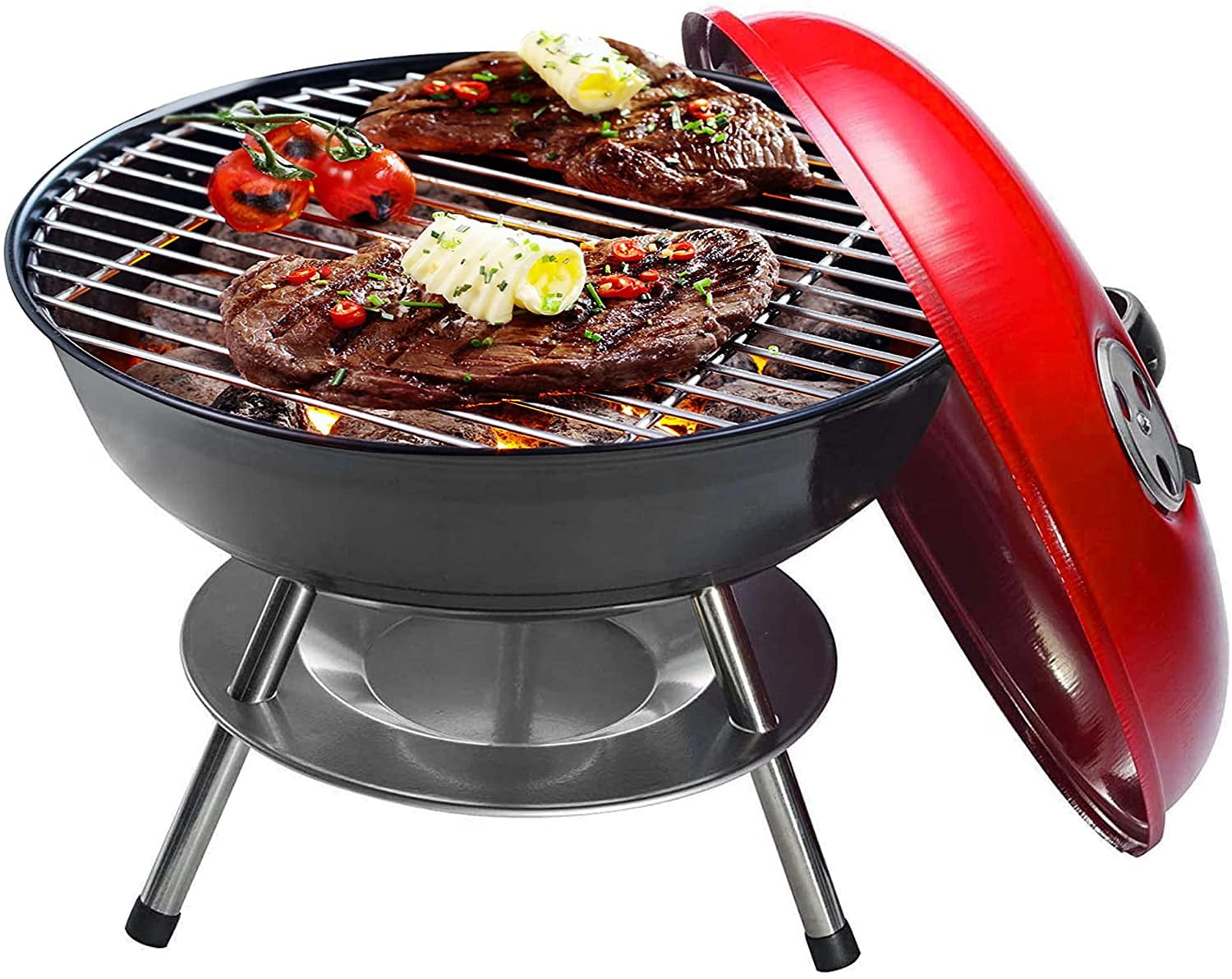 OVENTE 14 inch BBQ Charcoal Grill, Dual Venting System, Stainless Steel, Red GQR0400BR