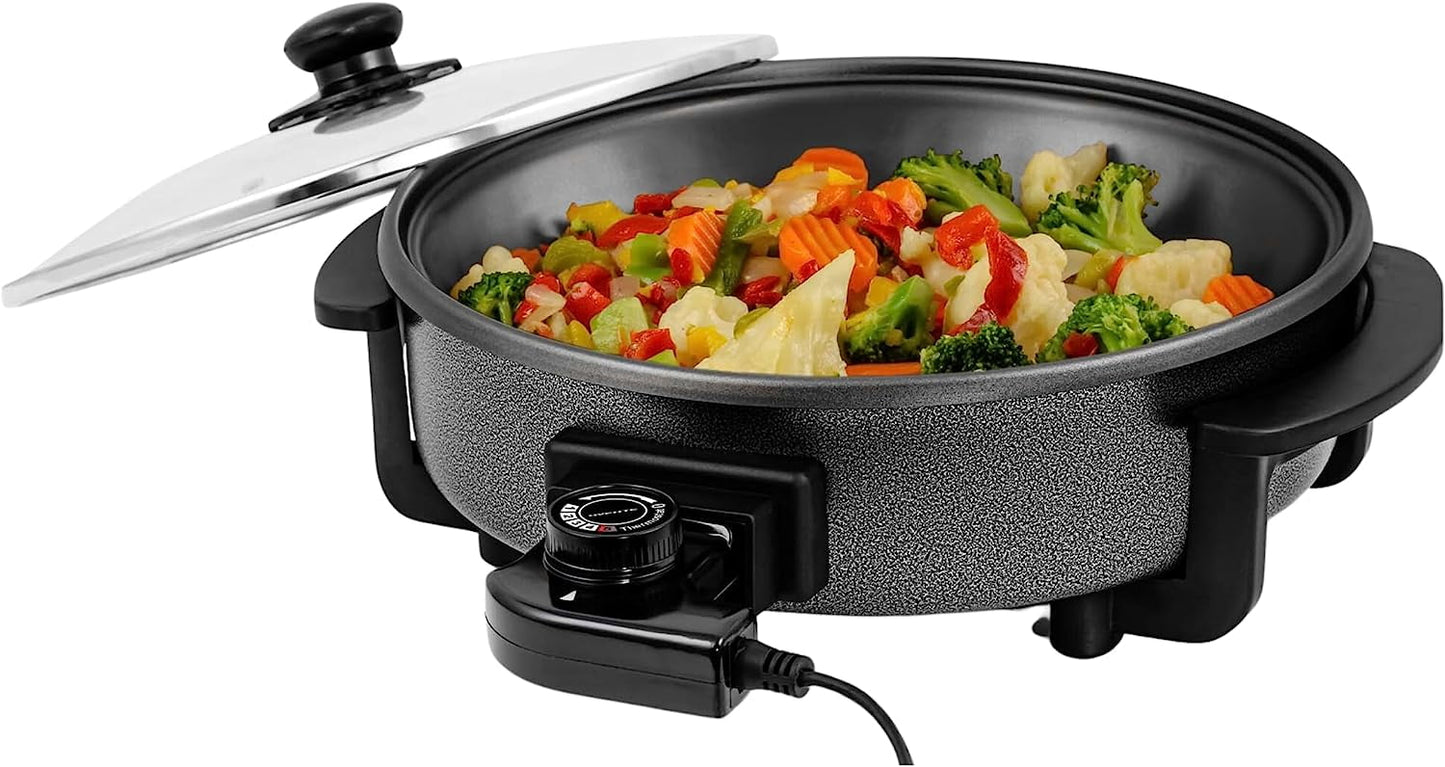 OVENTE Electric Skillet and Frying Pan, 12" Round Cooker with Nonstick Coating, Black SK11112B