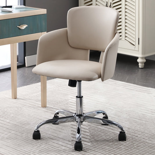 Office Chair, Ergonomic Home Office Chair, PU Leather Upholstered Computer Chair with Wheels & Adjustable Height, Modern Desk Chair Swivel Arm Chairs for Living Room Bedroom Office, Beige