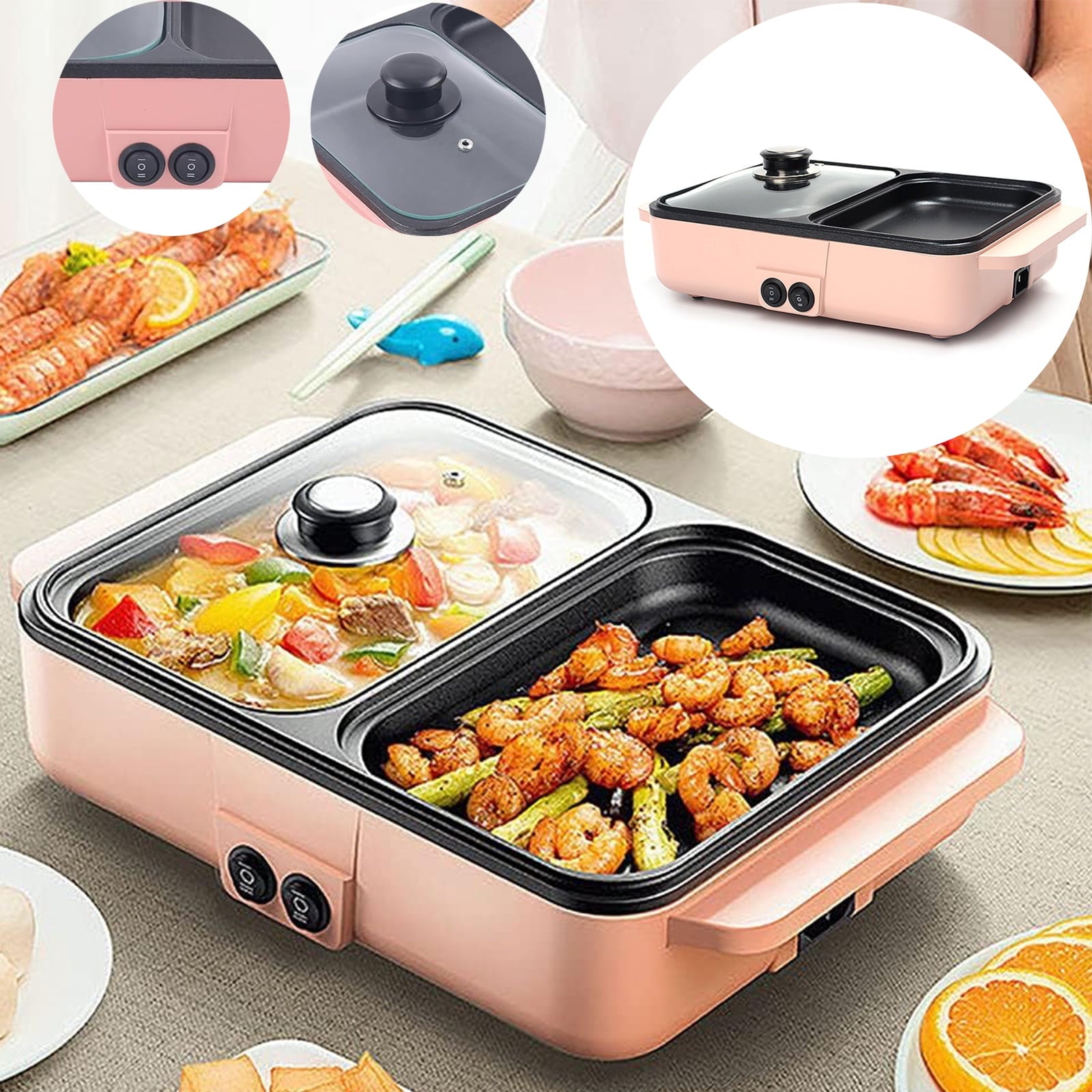 OhhGo Hot Pot with Grill,2 in 1 Indoor Non-Stick Electric Hot Pot and Frying Pan,Independent Temperature Control,Portable Multifunctional Smokeless Korean BBQ Grill for Indoor Outdoor Party