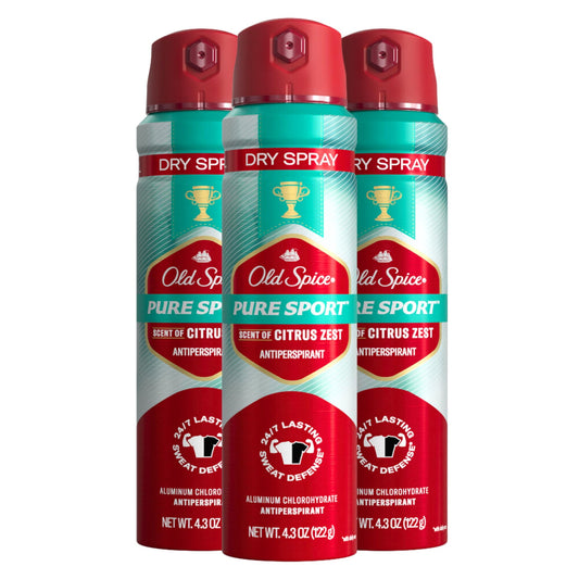 Old Spice Men's Antiperspirant & Deodorant Invisible Dry Spray Pure Sport Plus 24/7 Odor Protection, 4.3oz (Pack of 3)