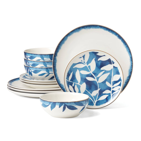 Oneida Entertain 365 12-Piece Aura Blue & White Porcelain Tableware Set (Service for 4)