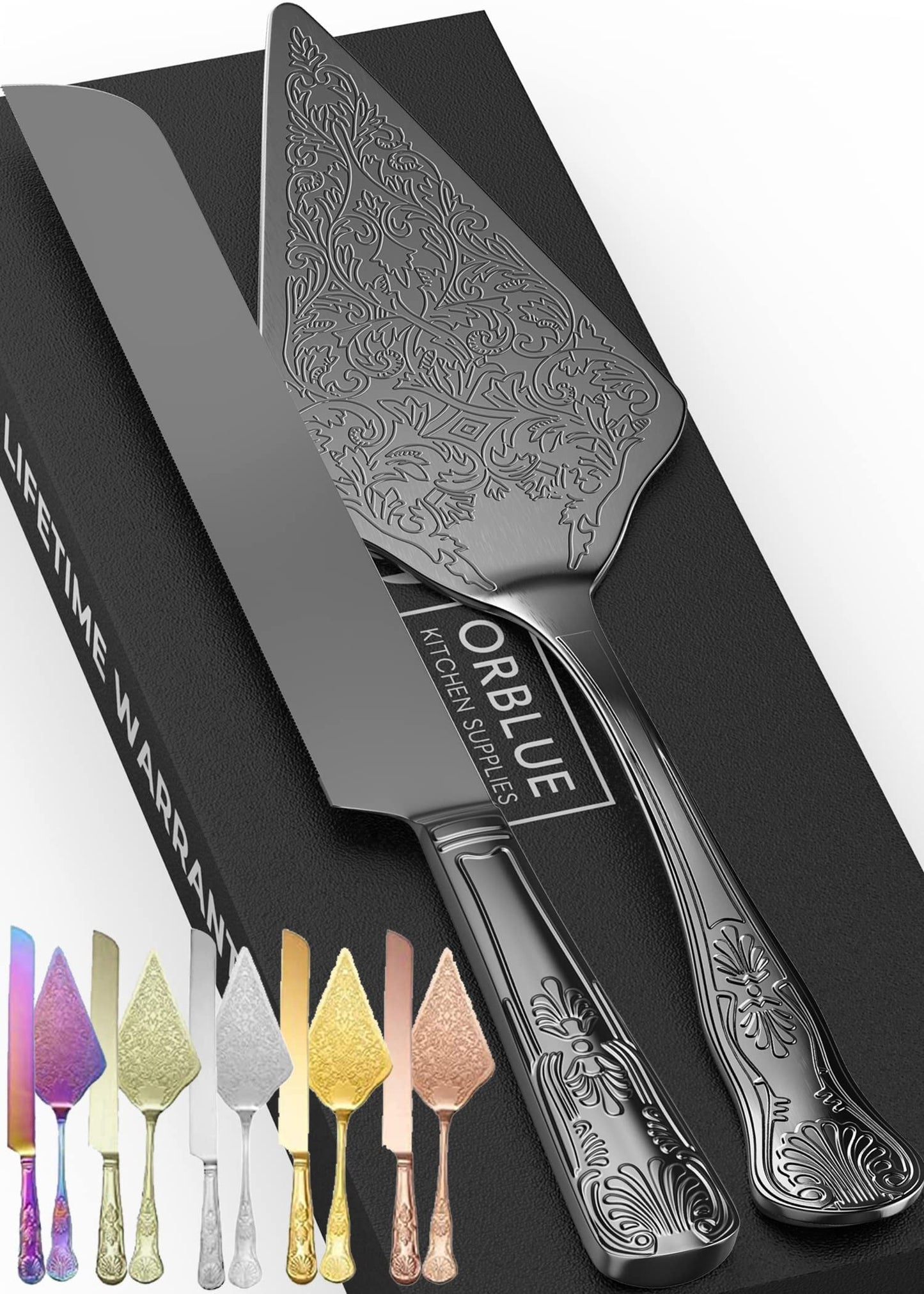 Orblue Wedding Cake Knife and Server Set - Premium, Beautifully Engraved Cutting Set - Elegant Keepsake for Newlyweds Silver