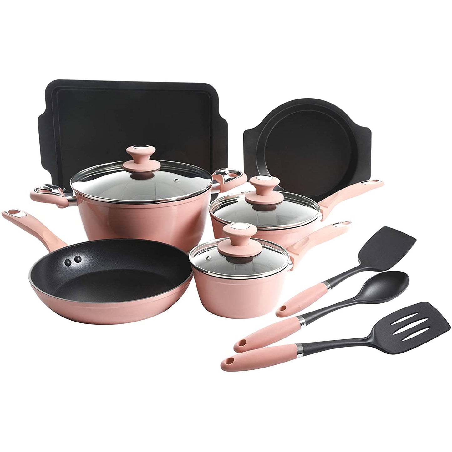 Oster 12 Piece Aluminum Non Stick Home Frying Pot & Pan Cookware Set, Dusty Rose