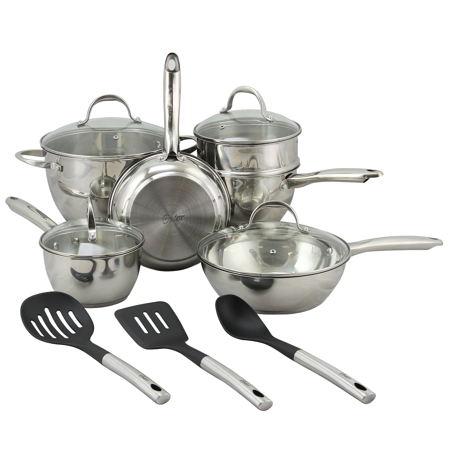 Oster Ridgewell 13 Piece Stainless Steel Belly Shape Cookware Set in Silver Mirror Polish with Hollow Handle