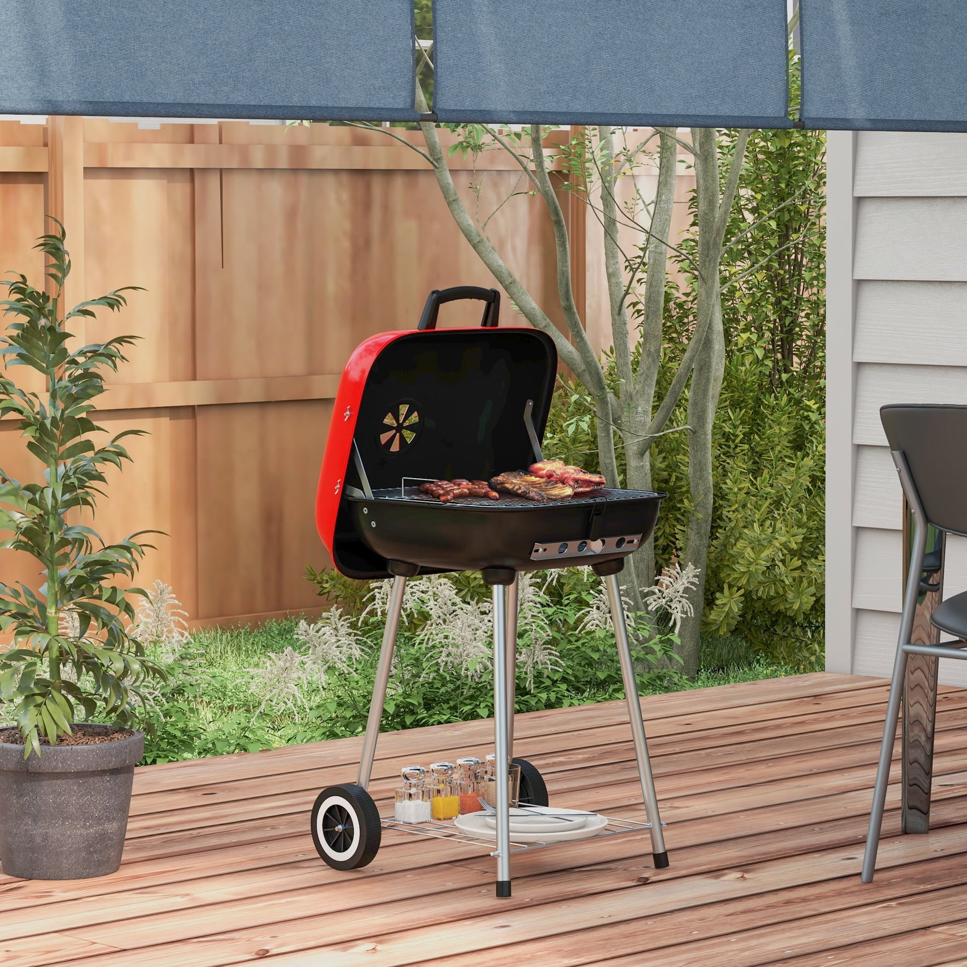 Outsunny Portable Charcoal Grill with Wheels Bottom Shelf for Picnic, Red