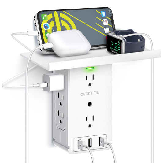 Overtime Outlet Extender, Outlet Splitter With 8 AC and 3 USB Outlets, Detachable Shelf, Multi-Plug Outlet Extender With Surge Protector for Home Appliances, Office, and Travel - White