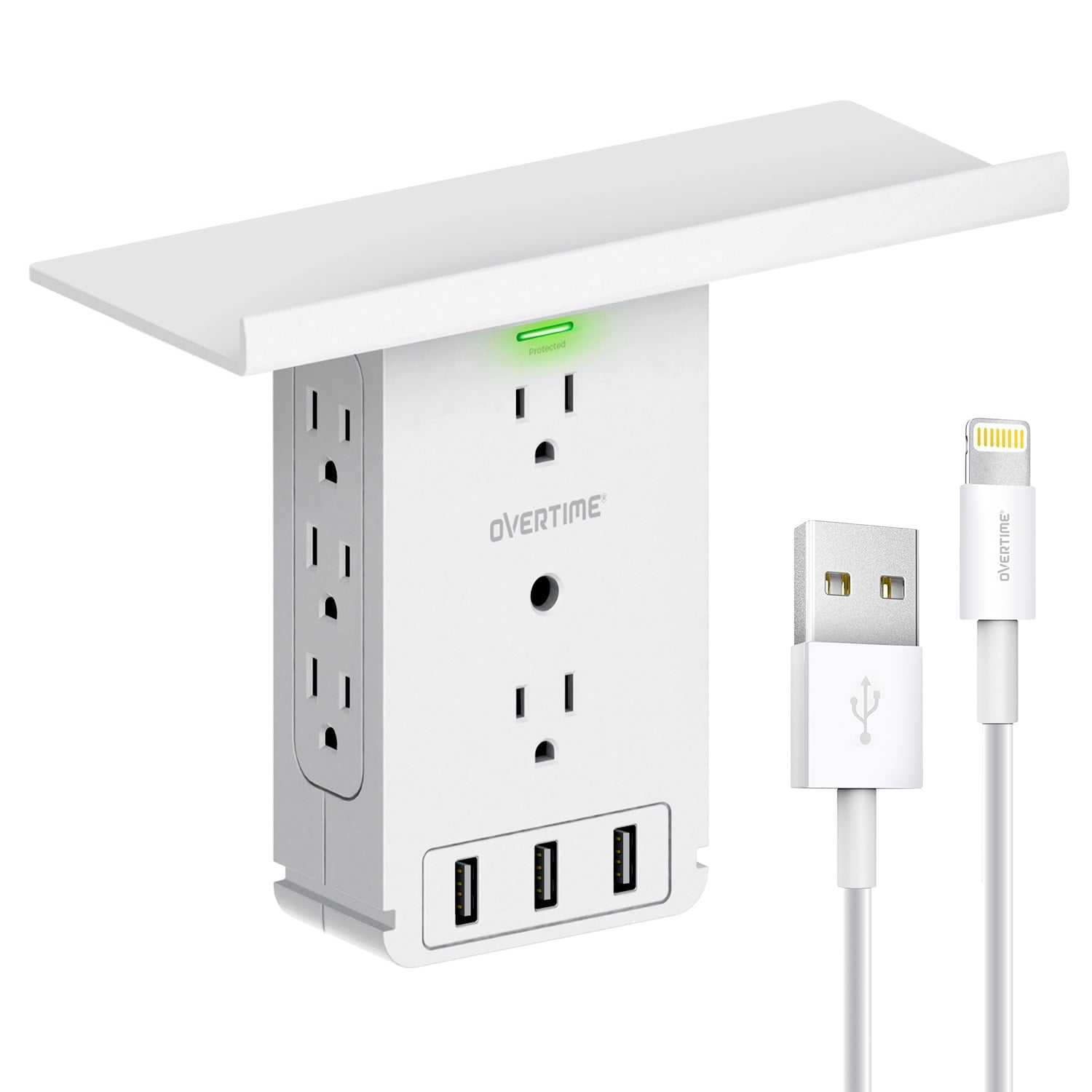 Overtime Outlet Shelf - Multi-Port Wall Charger Surge Protector - Electrical Outlet Extender with 6Ft MFi Certified Lightning Cable