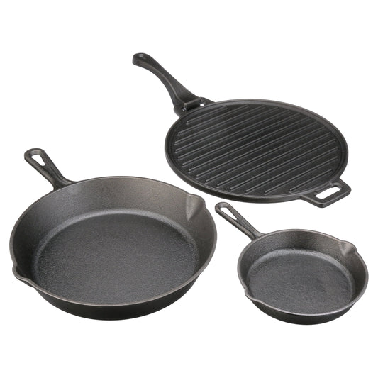 Ozark Trail 4-Piece Cast Iron Skillet Set with Handles and Griddle, Pre-Seasoned, 6", 10.5", 11"