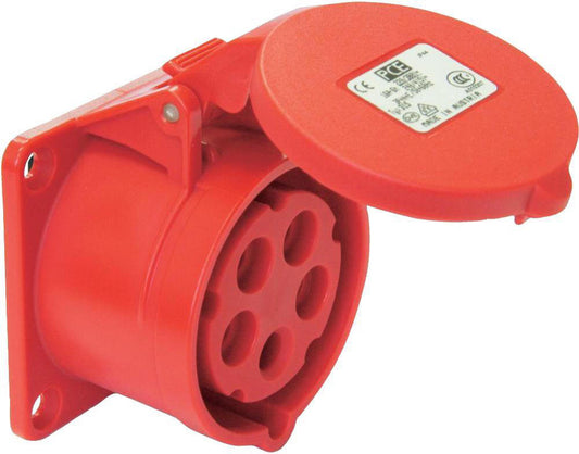 PCE - 32A, 400V, Panel Mount CEE Socket, 3P+N+E, Red, IP44