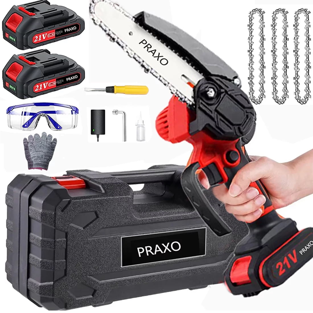 PRAXO Mini Chainsaw Cordless, 6-Inch Electric Chainsaw Cordless with 2 Batteries and 3 Chains, Upgraded Portable Handheld Chain saw Battery Chainsaw for Wood Cutting, Tree Trimming, Courtyard, Garden