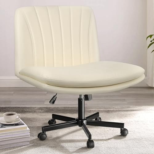 PUKAMI Criss Cross Chair with Wheels,Armless Cross Legged Office Desk Chair,PU Leather Swivel Modern Comfy Vanity Adjustable Wide Computer Task Chairs for Home Office (Beige)