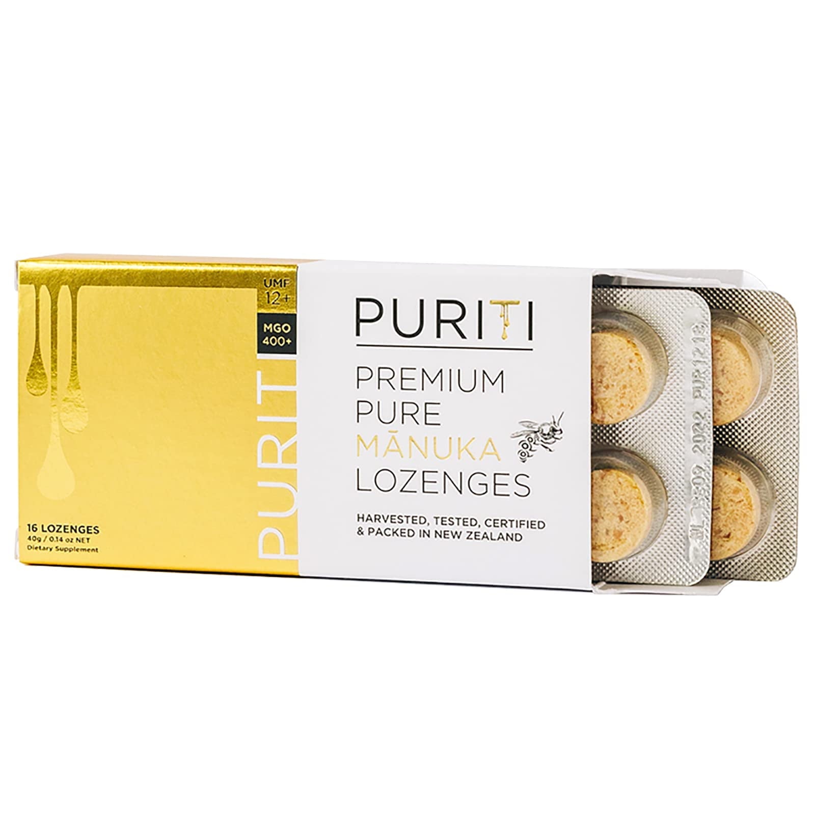 PURITI Premium Manuka Honey Lozenges High Potency - Sugar Free Drops | Genuine New Zealand Raw Manuka Honey Soothers for Coughs & Sore Throats | UMF Certified MGO 400+ UMF12+ (16 Pack)