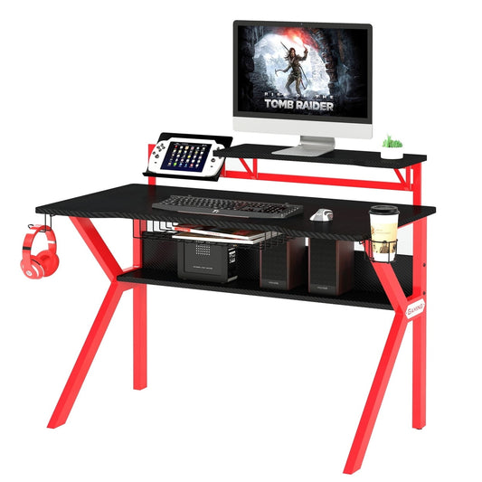 PVC Coated Ergonomic Metal Frame Gaming Desk Black and Red - Saltoro Sherpi