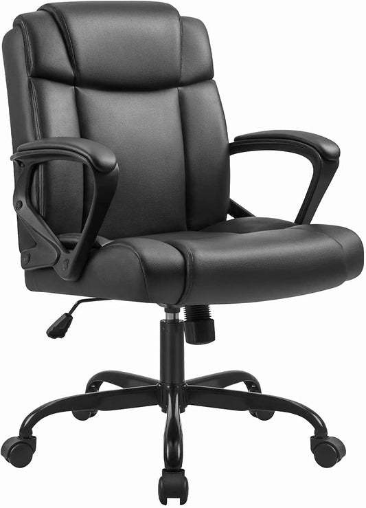 Padded Arms Support PU Leather Mid Back Swivel Computer Office Chair Adjustable - Comfortable Seating