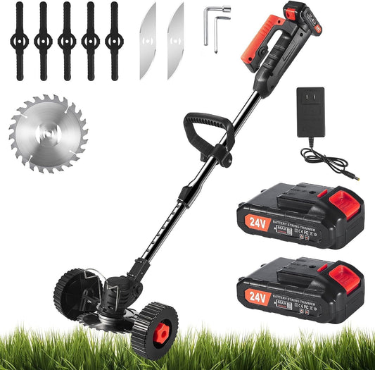 Paddsun Electric Weed Wacker Battery Powered,Cordless String Trimmer Edger with Wheels,Electric Weed Eater Cutter Lawn Mower Edger Tool,Adjustable Handle,3 Function Blades Cutter for Yard and Garden