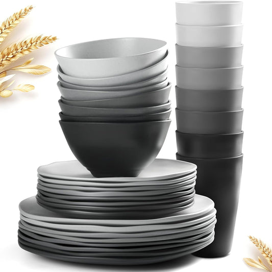 Peurif 32-Piece Thick Irregular Plastic Wheat Straw Dinnerware Set, Durable, Microwave & Dishwasher Safe, Stone Color, Unbreakable