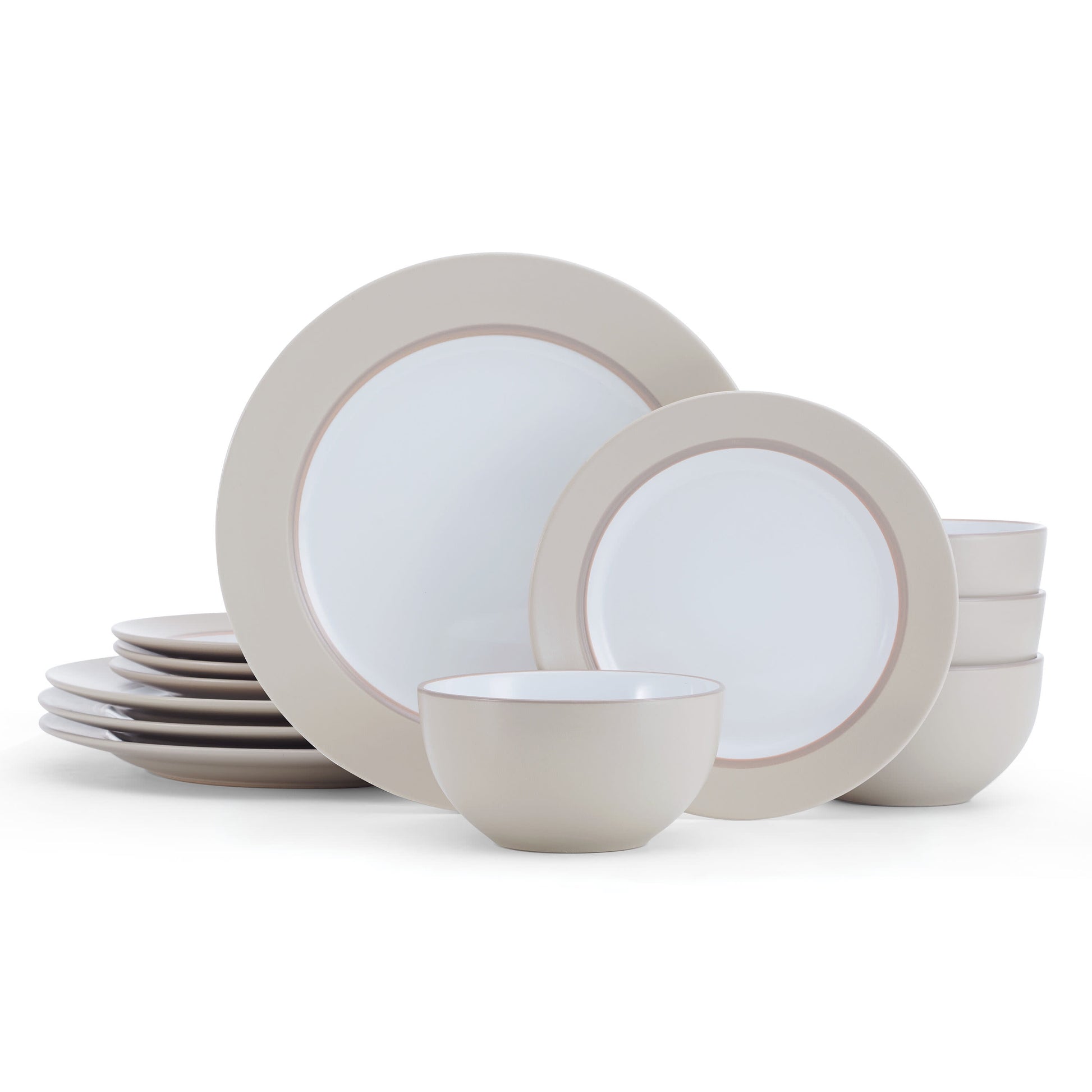 Pfaltzgraff Grayson Taupe 12-Piece Dinnerware Set Stoneware Round in White